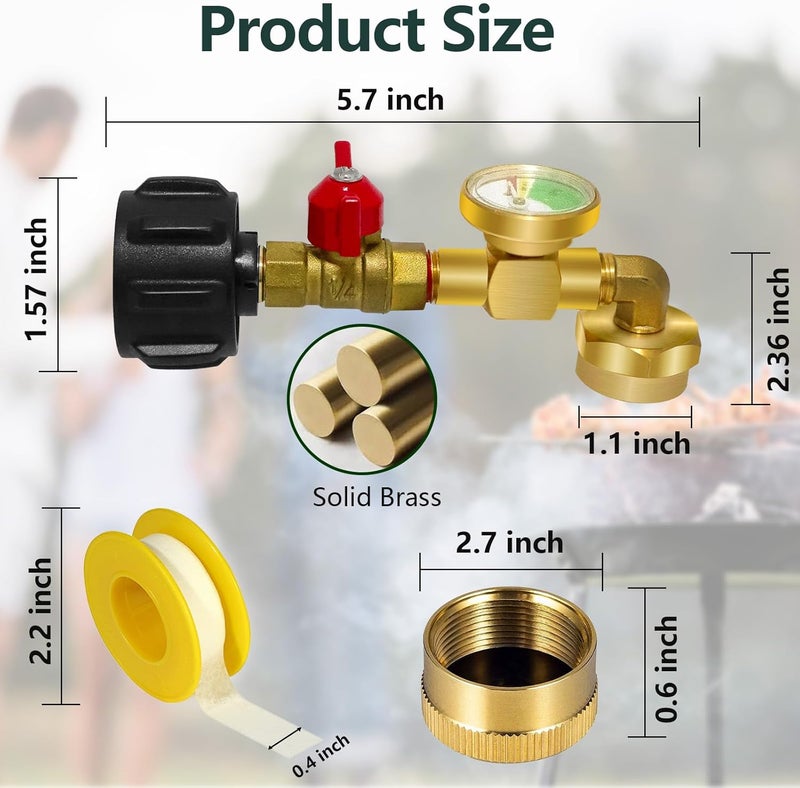 CONROS Propane Refill Adapter for 1 LB. Tanks, Propane Adapter 20lb to 1lb Converter with Gauge Valve, Propane Refill Elbow Adapter with 4 Bottle Caps for BBQ Grill Stove Camping RV, Solid Brass - Image 3